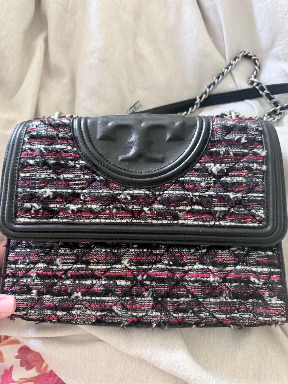 Tory Burch Black, Pink and White Tweed Chain Crossbody